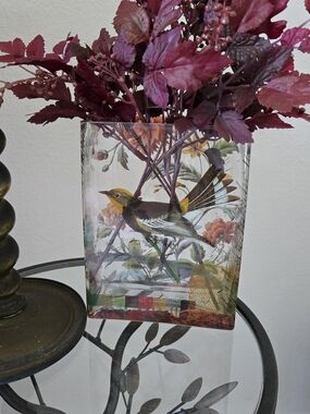 Vintage Fringe Studio Botanical Bird & Floral Glass Rectangle Vase